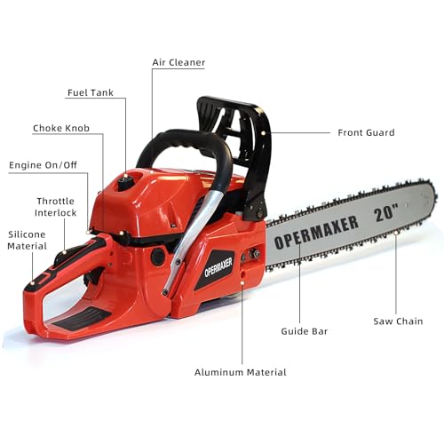 OPERMAXER 58CC 20 Inch 2-Cycle Gas Powered Chainsaw, 12500r/min 3.8 HP Chainsaw Gas Powered, Low Kickback, Anti-Vibration, Protective Design for Trees Wood Cutting(Red)