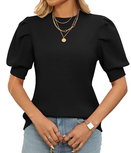 Womens Puff Short Sleeve Sweater Tops Summer Trendy Crew Neck Casual Knit Shirts Blouses