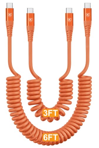 Image of USB C to C Cable [3FT+6FT], Coiled USB C Fast Charging Cable for CarPlay