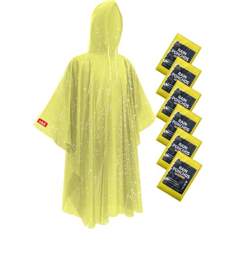 Disposable Rain Ponchos - Extra Long Waterproof Emergency Poncho with Hood for Adults Bulk Family 6 Pack Raincoat for Park Concerts Hiking Camping Essentials Home Emergency Survival Kits Yellow
