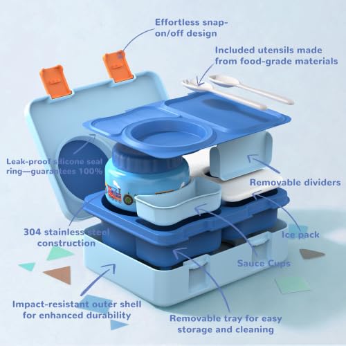 Image of Bento Box for Kids, Leakproof Kids Lunch Box with 8.5OZ Thermo Food Jar & Lunch Bag, 3-4 Compartments Toddler Insulated Lunch Box for Boys, BPA Free Lunch Containers for School Daycare