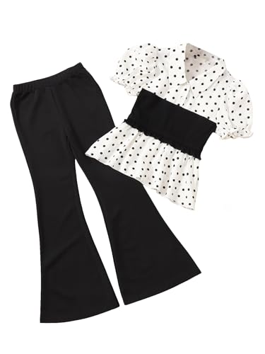 Image of Milumia Girl's 2 Piece Outfit Cute Polka Dots Puff Sleeve Top and Flared Pants Set