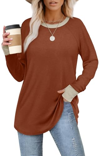 Image of XIEERDUO Womens Tunic Tops to Wear with Leggings Long Sleeve Thumb Hole Shirts Crew Neck Curved Hem