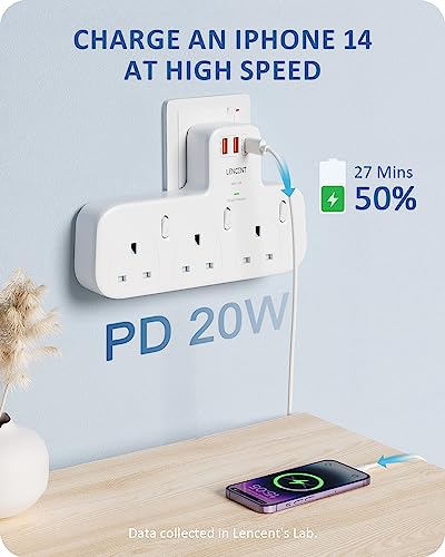 LENCENT 3 Way Plug Extension with PD 20W USB-C & 2 USB-A QC 3.0, Multi Plug Adaptor UK with Individual Switches - Image 2