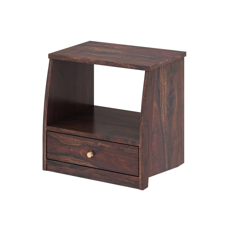 Image of Solid Sheesham Wood Bedside Table with 1 Drawer & 1 Open Shelf Storage for Bedroom, End Table, Side Table for Living Room Home (Walnut Finish)