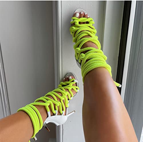 FurinFashion RHS1 Neon Green Rope Heeled Sandals For Women Girls Strappy High Heels Stiletto With Lace Up Open Toe Criss Cross Gladiator Roman Heel (9, neon green)4