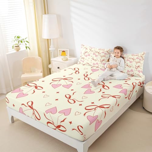 Bowknot Heart Fitted Sheet Twin Size Romantic Princess Style Bedding Set for Kids Girls Teens Geometric Star Print Bed Sheet Set Girly Bow-tie Bed Cover Room Decor,No Top Sheet