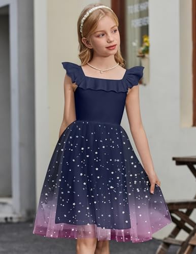 Arshiner Girls Dresses Summer Square Neck Ruffle Sleeve Formal Party Birthday Tulle Dress 6-14 Years2