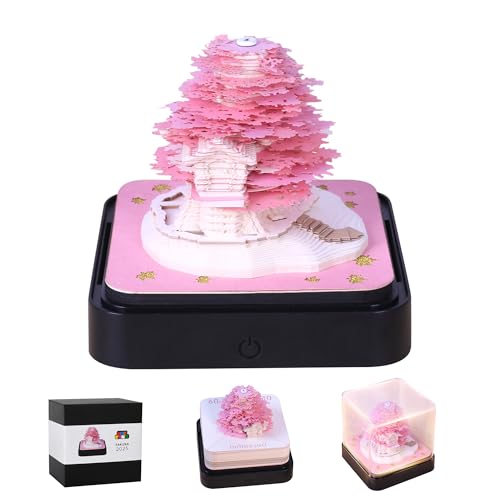 MACTANO 3D Art Calendar Memo Pad 2025, Creative Time Piece Calendar Sakura Tree Rip Away Paper Carving Sticky DIY Note Pink