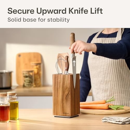 Praknu Magnetic Knife Block 360° Rotatable Without Knives - FSC® Acacia Wood with Space for Kitchen Utensils - Strong Magnet on Both Sides - Non-Slip Base - Image 6