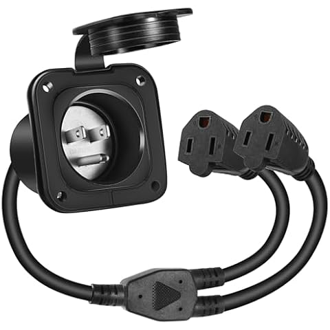 jindouyun 15 Amp 125 Volt AC Power Inlet, with Dual-Plug 18-Inch Extension Cord, 2 Pole 3 Wire NEMA 5-15 Flanged Inlet Plug with Waterproof Covers and Y Splitter Cable Cover