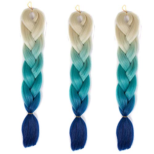 Feibin 30色 ウィッグ エクステンション 3本セット ブレイズ 編み込み グラデーション 三つ編み ヘアアクセサリー 盛りアップ つけウィッグ かつら 毛束 ウィッグ つけ毛 ヘアアクササリー ヒップ ホップ レゲエ ダンス ヘアアレンジ(54#ブルー)