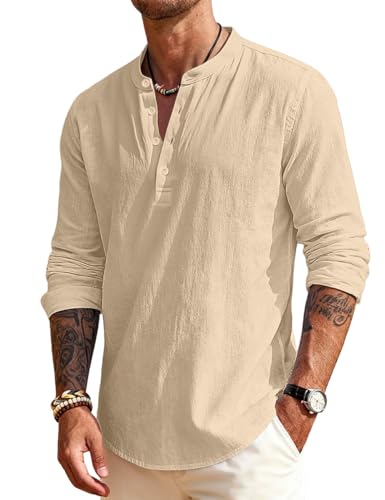QOSOQ Men's Linen Shirts Henley T-Shirts Long Sleeve Casual Beach T-Shirts Solid Tops Shirts for Men Khaki