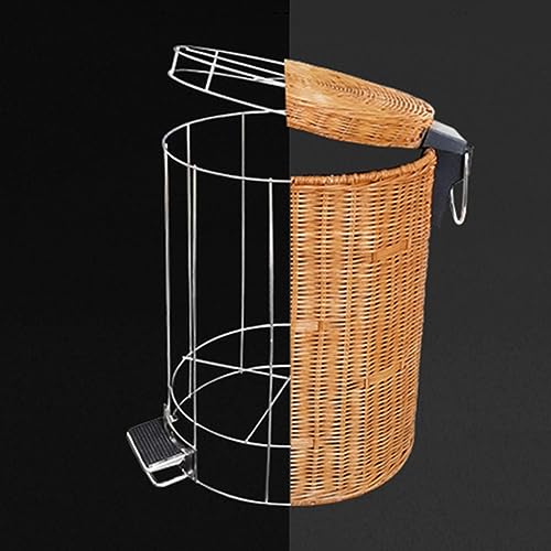 Silent Pedal Wicker Trash Can with Lid, Round Rattan Wastebasket with Removable Liner, Ideal for Bathroom, Kitchen, Living Room - Stylish & Functional Garbage Bin