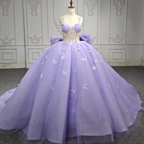 Spaghetti Straps Quinceanera Dresses with Butterfly Appliques Beading Lace Ball Gown Sparkly Tulle Sweet 16 Dresses2