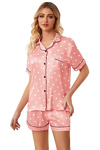 Satin Pajamas For Girls, Silk Pajamas 2 Pcs Button Down Sleepwear Short Sleeve Loungewear Outfit For Girls, D White Herat Pink, 11-12 Years = Tag 11-12 #TOP4