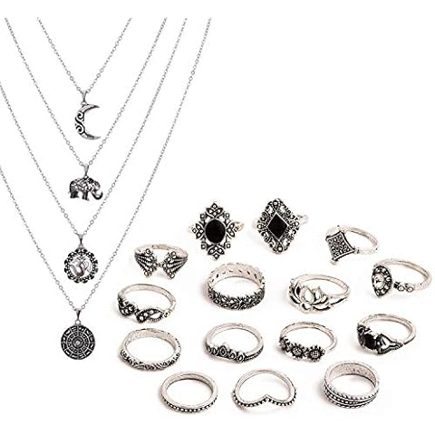 Topways® Boho Style Vintage Punk Necklace Rings Party Jewelry Sets , including Multi layer Long Necklace and Women Joint Knuckle Retro Ring Set Plated Silver 15PCS (15 pcs black set) Cover