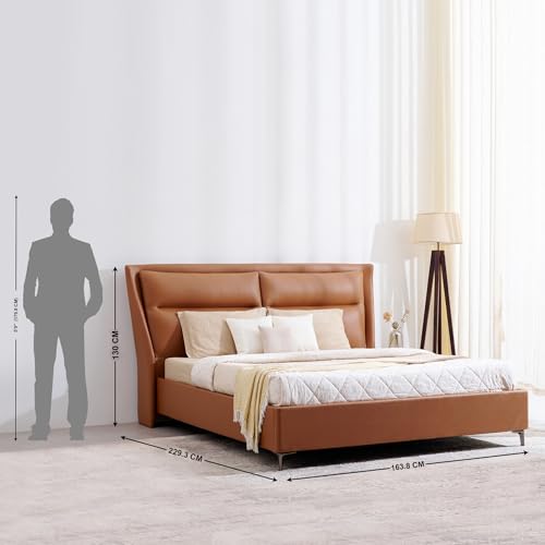 Image of Home Centre | Tiffany Caramel Faux Leather Queen Size Bed | Engineered Wood | Beige | 1 Year Warranty