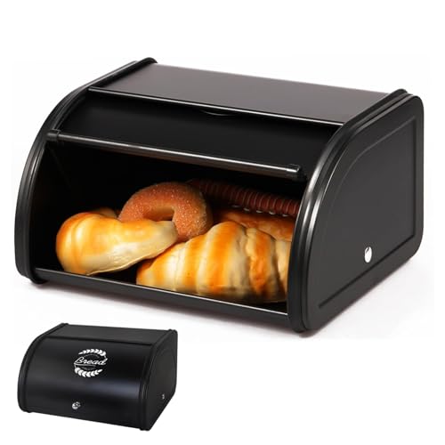 Metal Bread Bin, Galvanized Iron Retro Small Bread Box with Roll Up Front Lid & Leaf Pattern, Kitchen Food Storage Container for Kitchen Countertop