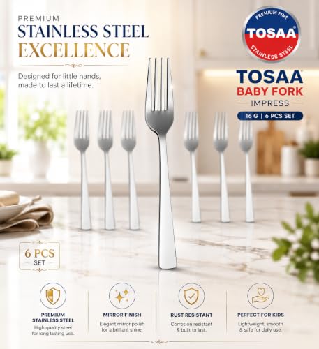 Image of Tosaa Baby Fork Impress 16G-Pack of 6 for Home & Kitchen,Use for Lunch and Dinner with Dishes Like Noodles, Pasta, and More.