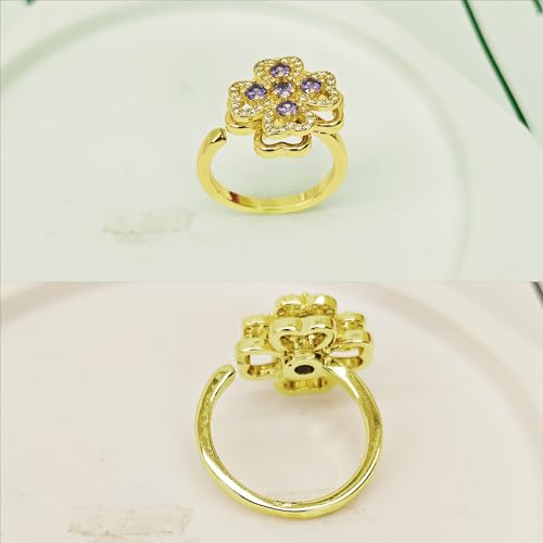 Anti-Anxiety Fidget Spinner Ring, 18K Gold Plated Copper Purple Four Leaf Clover Cubic Zirconia Women's Wedding Engagement Statement Sensory Toy Ring, Open Adjustable3