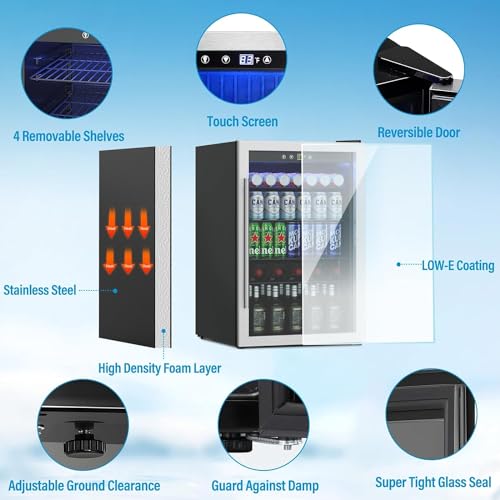 Image of Erivess Compact Beverage Refrigerator, 145 Can /4.5 Cu Ft Mini Fridge,Silver | Adjustable Shelves & Digital Display Small Refrigerator for Soda, Under Counter Freestanding Glass Door Mini Cooler for Home