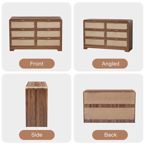 Image of 48 inch Modern 6 Drawer Dresser for Kids Bedroom, Mid Century Wooden Dresser Chest of Drawers with Natural Linen, Curved Profile Closet Clothes Storage Organizer for Living Room, Nursery,Walnut