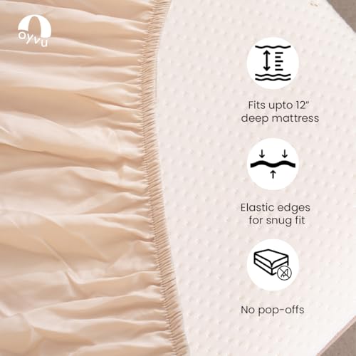 Image of Luxury Fitted Bedsheet | Queen Size | 300TC | | 100% Tencel| Oat Milk Color | Premium Solid Design | 1 Fitted Bedsheet & 2 Pillow Covers for Bedroom | Size - Queen, 60 inch X 78 inch x 12 inch inch