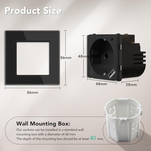 BSEED Schuko WLAN gniazdo wtykowe z USB C 20 W, inteligentne gniazdko WiFi, do zabudowy, pomiar prądu, praca z Alexa/Google Home, licznik prądu do gniazdka ściennego z aplikacją Smart Life, 1