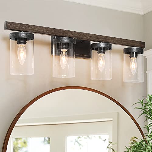 Image of Farmhouse Bathroom Light Fixtures, 4-Light Vanity Lighting Fixtures with Clear Glass Shade in Faux Wood & Black Silver Brushed Finish(28 inch in Length)
