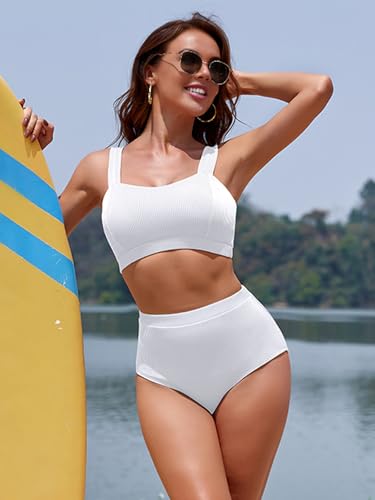 Ensemble de bikini côtelé pour femme avec bas taille haute et haut bandeau push-up doux