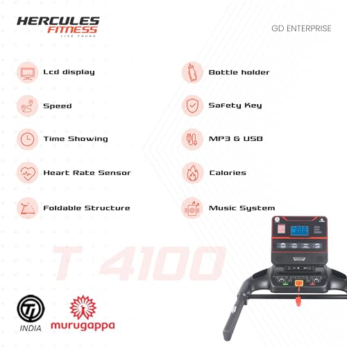 Image of Hercules Fitness | T 4100 4.0 HP DC Motorized Treadmill Home Use | 15% Automatic Motorized Incline | Home Cardio | Max Speed 18 Km /Hr | Max User Weight 125Kg | Free Installation Assistance