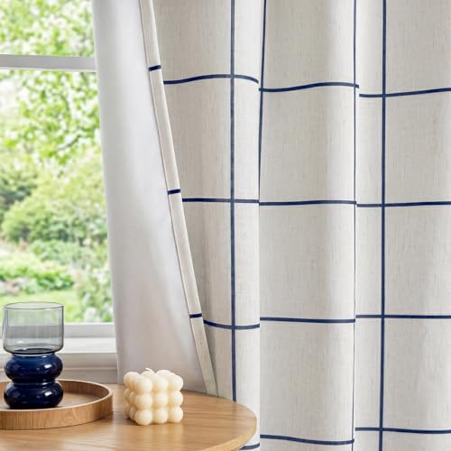 Image of MYSKY HOME Floor to Ceiling 100% Blackout Plaid Linen Curtains 108 Inch Long 2 Panels Set - Farmhouse Double Layer Checkered Patterned Thermal Insulated Grommet Top Drapes, 52 inchW Each Panel, Navy Blue