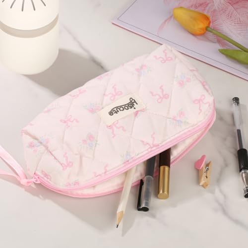 Image of Quilted Coquette Pencil Case - Floral & Bow Design with Soft Padded Fabric, Cute Small Makeup Bag for Women, Stylish Organizer for Pens, Brushes, and Accessories (Pink)