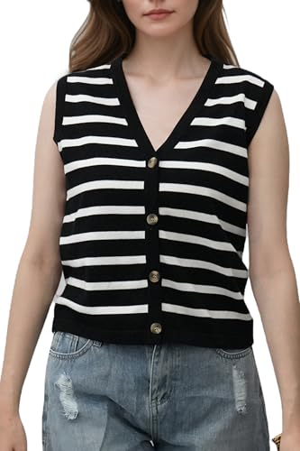 Image of Women's Striped Sweater Vest V-Neck, Fall 2025 Lightweight Cotton 100%, Vintage Button Cardigan Style Layering Staple for Turtlenecks & Jeans 18 Black S