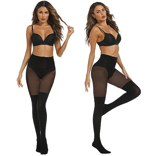 MANZI Womens Faux Thigh High Stockings Black Opaque Tights Stitching Sheer Pantyhose Mock Over the Knee Goth Tights Run Resistant Nylons