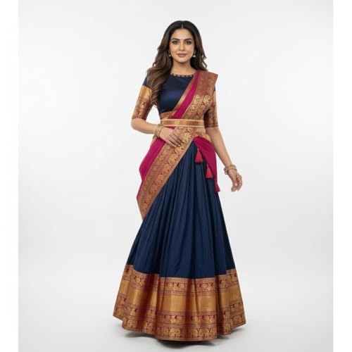 Image of RENVAANI Women's Traditional Kanjivaram Kanchipuram Silk Unstitched Lehenga Choli with Dupatta (PGREEN MAROON)