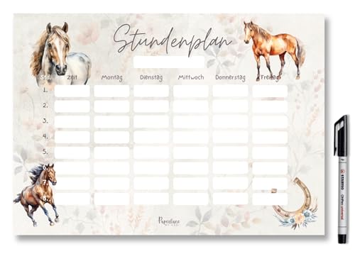 Pferde Stundenplan magnetisch abwischbar für Kühlschrank und Whiteboard Boho Pony Wochenplaner Mädchen Geschenk zur Einschulung (Magnetischer Stundenplan inkl. Stift)