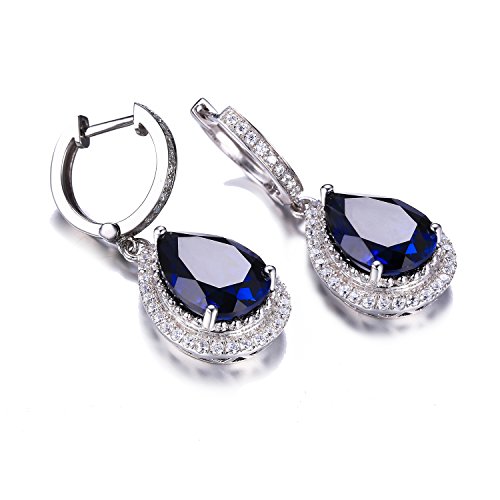 JewelryPalace Luxury Pear Cut 12.4ct Created Blue Sapphire Halo Dangle Earrings for Women, 14k Gold Plated 925 Sterling Silver Earrings, Gemstone Earrings Jewelry Sets - Image 4
