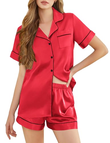 Image of Silk Pajamas for Women Short Sleeve Sleepwear Soft Button Down Loungewear 2 Piece Satin Pjs Shorts Set S-XXL