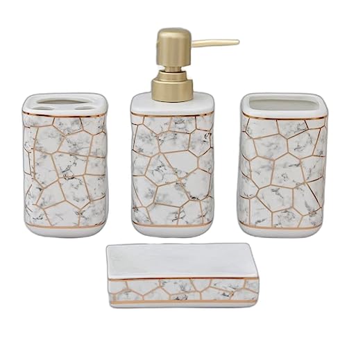 Image of E-EZRA Ceramic Bathroom Accessories Set of 4, Modern Ceramic Bath Set with Liquid Soap Dispenser and Toothbrush Holder, Bathroom Accessory Set (White)