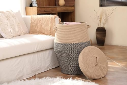 Image of Storage Cotton Rope Basket and Laundry Hamper for Dirty Clothes, Towels, Blankets, Pillows Storage in Living Room, Laundry Room and Bedroom (Beige & Mix With Lid, 15x18 Inch)