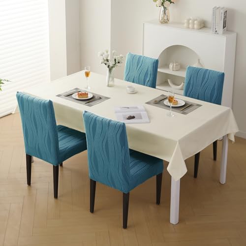 Image of HOKIPO 200 GSM Stretchable Knitting Jacquard Chair Cover Set of 4,'Nestiva Series' Sea Blue (AR-6072-BL)