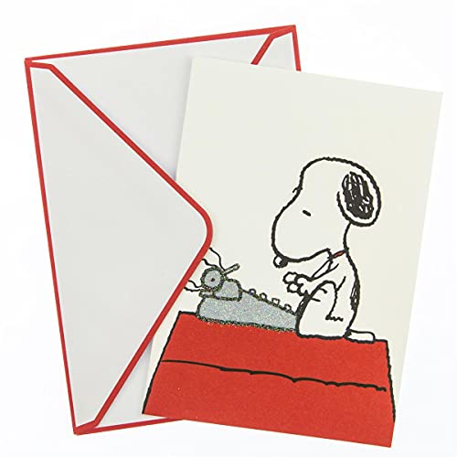 Image of Graphique Peanuts Typewriter Boxed Notecards, 16 Snoopy at Typewriter Cards Embellished with Glitter, with Matching Envelopes and Storage Box, 3.25 inch x 4.75 inch