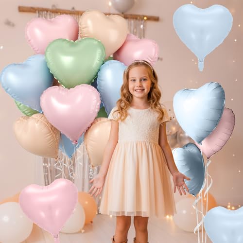 Image of Pink Blue Green Heart Balloons, 10 Pcs Pastel Heart Shaped Balloon, 18 Inch Baby Pink Blue Sage Green Foil Balloons for Boho Garden Wildflower Brithday Baby Shower Valentines Tea Party Decoration