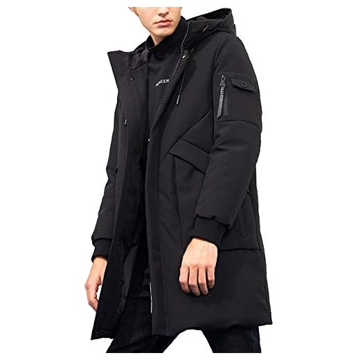 Pioneer Camp Men's Winter Coats Water-Repellent Windproof Thicken Parkas Long Hooded Padded Puffer Jacket (Black, L)