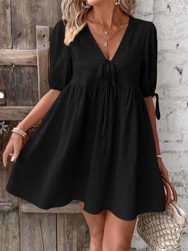 Image of IDEALSANXUN Linen Dresses for Women 2025 Spring Summer Beach Tie Front V Neck Short Sleeve A Line Cute Flowy Swing Mini Sundress,Black,L