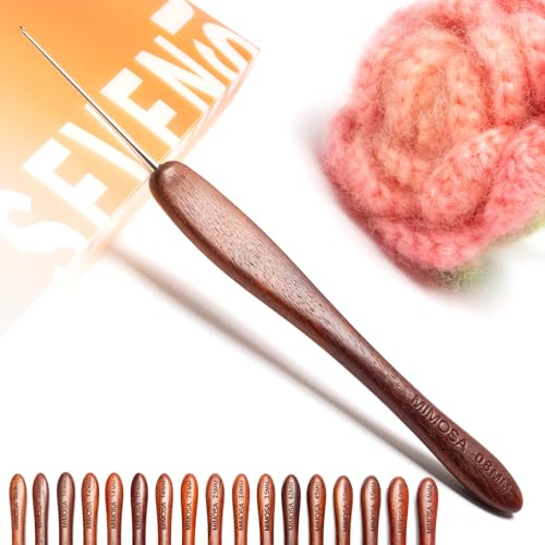 Image of SEVENSUN Mimosa 0.8mm Single Crochet Hook, Available in 0.6mm-6.5mm, Ergonomic Hand Polished Stainless Steel Inline Pointy Wood Handle Crochet Hook for Arthritic Hands, Mother's Day Gifts for Mom