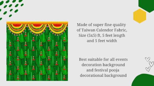 Image of Pooja Backdrop Cloth | Green Banana Leaf Background Flower Garlands Toran and Red Flower Festival Decoration Cloth | varalakshmi Pooja Backdrop 5x5 feet