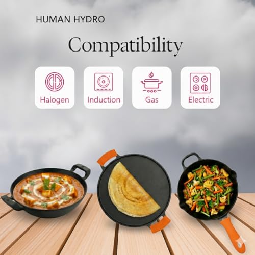 Image of Human Hydro Premium Deliq Range Pre-Seasoned Cast Iron Cookware Combo | Kadai 25cm, Tawa 30cm & Fry Pan 25cm with Silicone Grips | Naturally Non-Stick, Toxin-Free & Induction Compatible